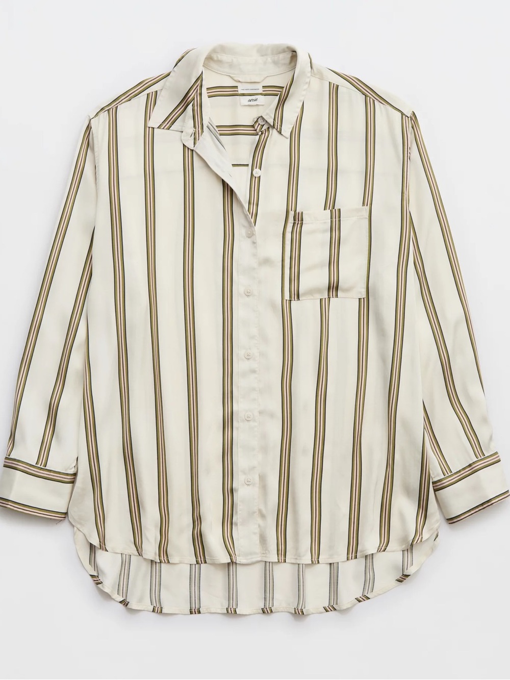 aerie Cream & Olive Striped Long Sleeve Satin PJ-To-Party Button Shirt sz Large - Picture 2 of 10
